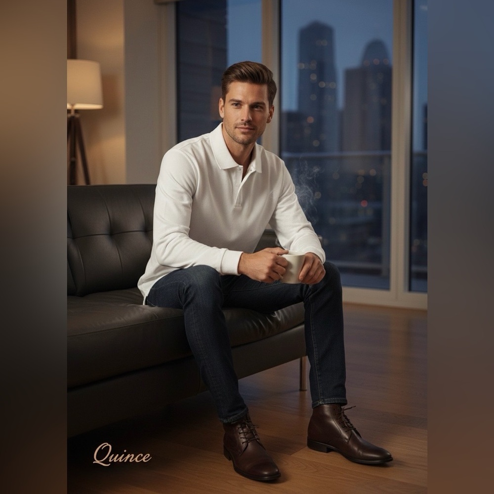 Quince Classic White Long Sleeve Polo Shirt size M